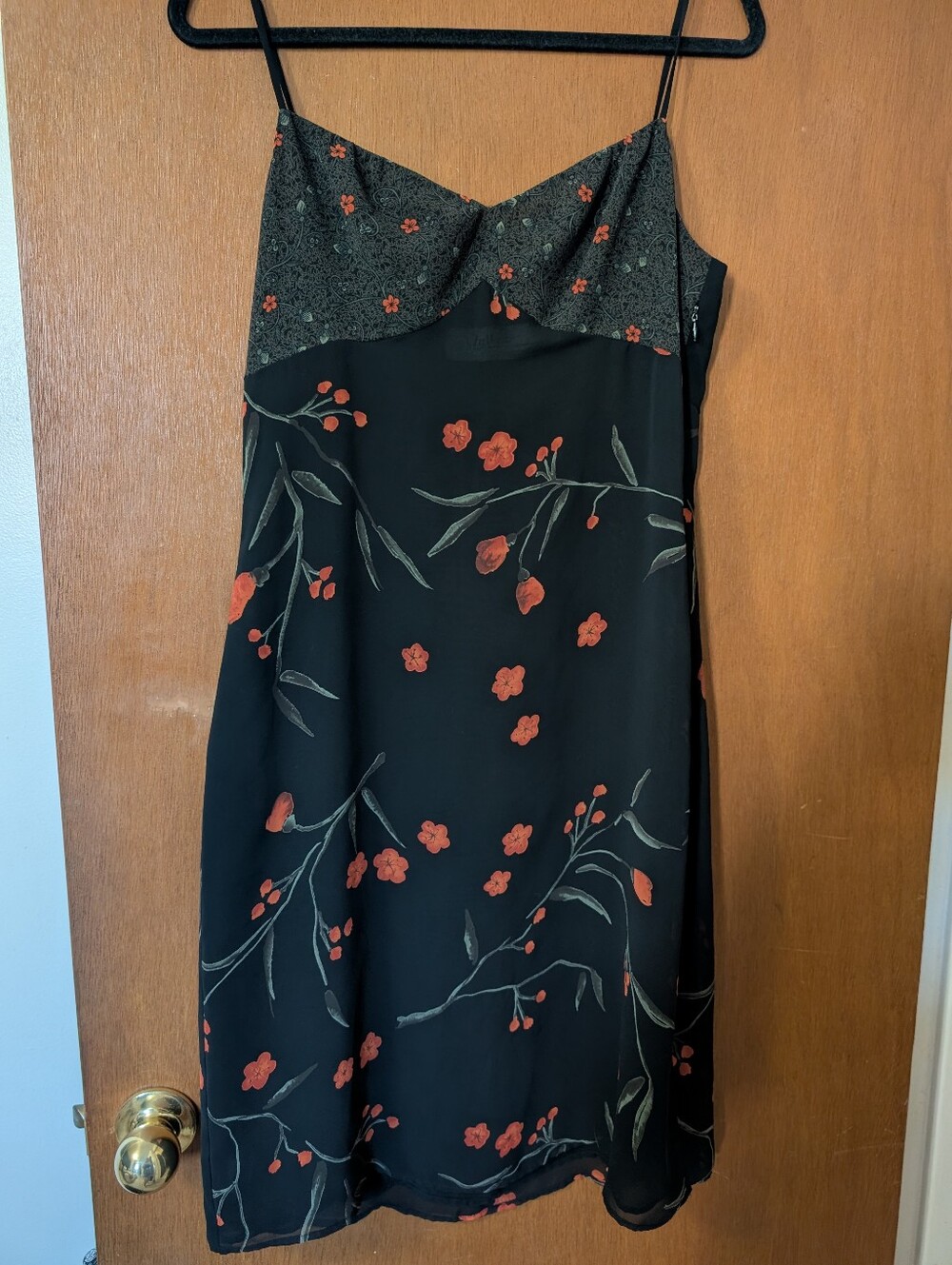 Black Floral Sheer Slip Dress with Red Blossom Print